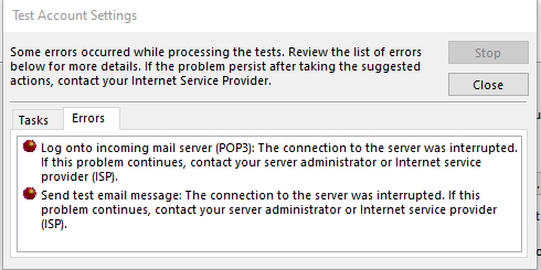 “测试帐户设置”窗口“错误”选项卡的屏幕截图 - POP3